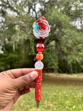 Handmade Rose Beaded Decorative Rhinestone Pen - Turquoise, Red, Clear